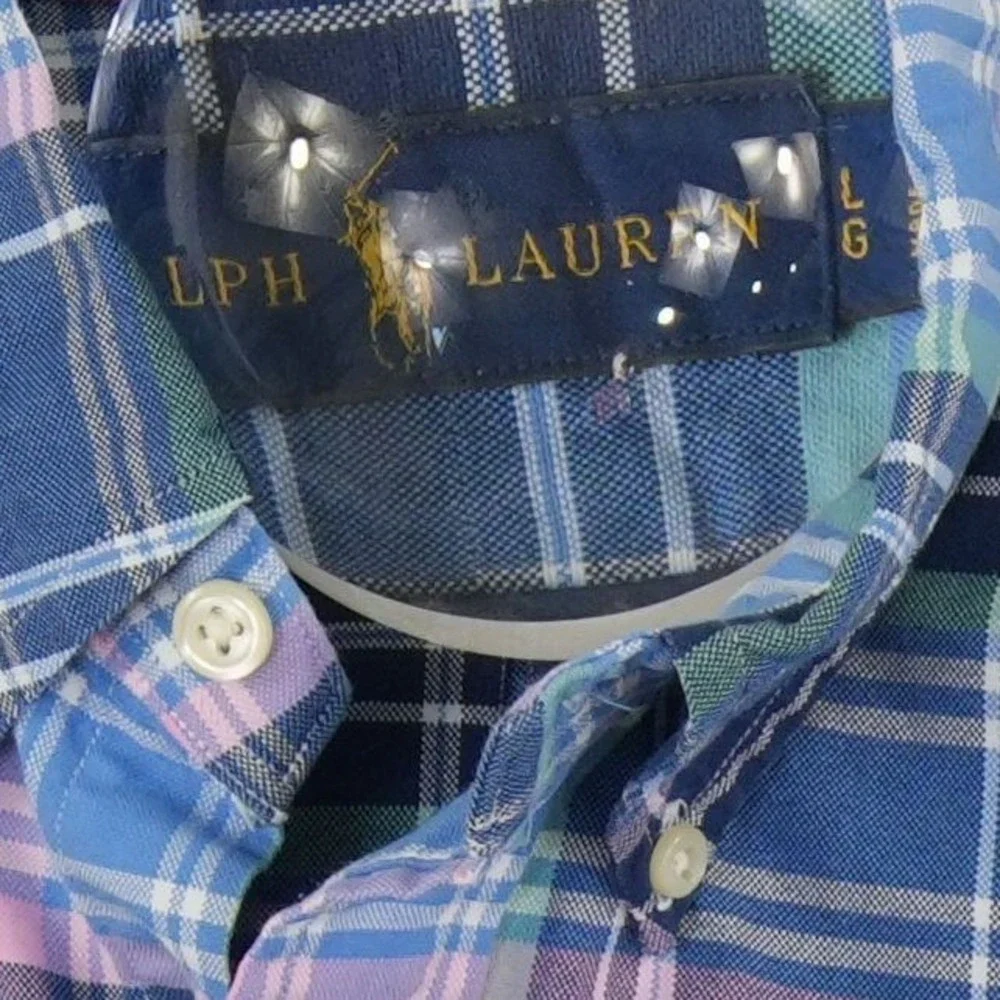 Ralph Lauren Button Down Men's Size Large Blue Green Pink Plaid Long Sleeve Pony